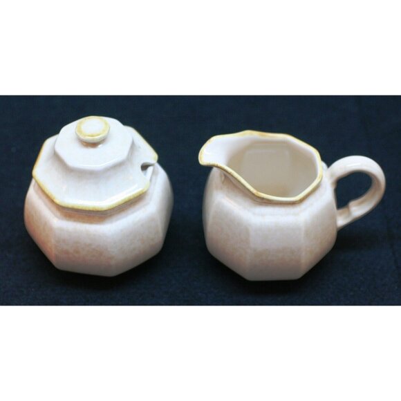 Mikasa Avante Ivory Fe 900 Sugar Bowl w Lid & Creamer Tan Octagon VTG 80s EUC - Picture 1 of 12